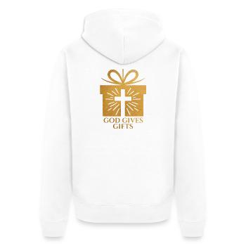God Gives Gifts – sandfarben - Unisex Premium Bio Zip Hoodie - Weiß - Hinten - Thijin (182cm)
