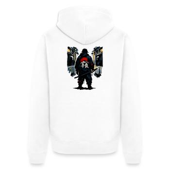 Urban Ninja mit roter Sonne - Unisex Premium Bio Zip Hoodie - Weiß - Hinten - Thijin (182cm)