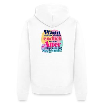 Wann verhälst du dich deinem Alter entsprechend? - Unisex Premium Bio Zip Hoodie - Weiß - Hinten - Thijin (182cm)