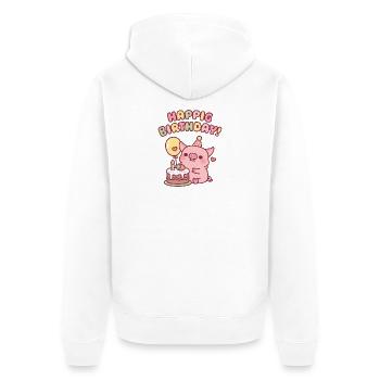 Süßes Schwein mit Geburtstagstorte, Wortspiel zum Geburtstagsglück - Unisex Premium Bio Zip Hoodie - Weiß - Hinten - Thijin (182cm)