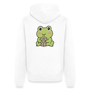Süßer Kawaii-Frosch trinkt Bubble Tea Aufkleber - Unisex Premium Bio Zip Hoodie - Weiß - Hinten - Thijin (182cm)