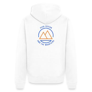 Peak Season Own The Mountains Blau/Orange - Unisex Premium Bio Zip Hoodie - Weiß - Hinten - Thijin (182cm)