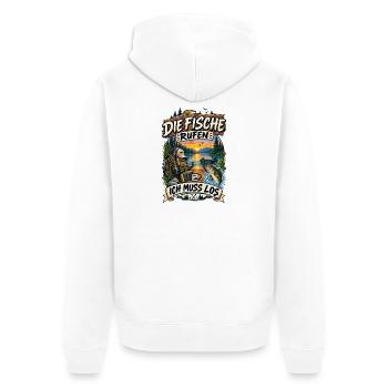 Die Fische rufen ich muss los Angler Spruch lustig - Unisex Premium Bio Zip Hoodie - Weiß - Hinten - Thijin (182cm)