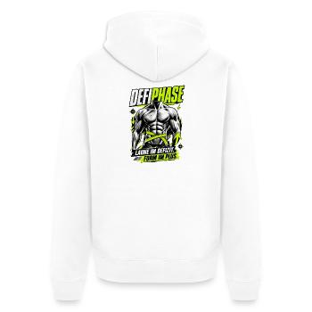 Defiphase – Läuft im Defizit, Form im Plus - Unisex Premium Bio Zip Hoodie - Weiß - Hinten - Thijin (182cm)