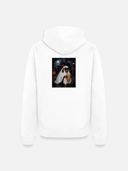 Halloween-Dackel im Geisterkleid mit Kaffee - Unisex Premium Bio Zip Hoodie - Weiß
