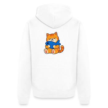 Orangefarbene getigerte Katze umarmt ein Fischkissen - Unisex Premium Bio Zip Hoodie - Weiß - Hinten - Thijin (182cm)