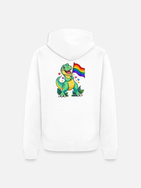 T-Rex mit Regenbogenflagge – Pride Dino - Unisex Premium Bio Zip Hoodie - Weiß