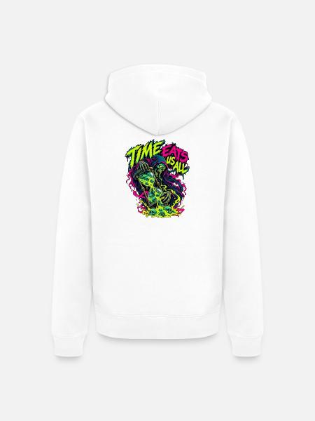 Neon-Todesbote: Zeit frisst uns alle - Unisex Premium Bio Zip Hoodie - Weiß