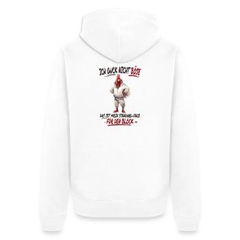 Ich guck nicht böse – Das ist mein Standard-Face  - Unisex Premium Bio Zip Hoodie - Weiß - Hinten - Thijin (182cm)
