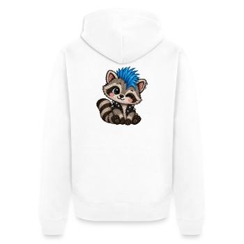 Punk Waschbär mit blauem Iro – Stickmotiv Optik - Unisex Premium Bio Zip Hoodie - Weiß - Hinten - Thijin (182cm)