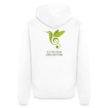 Fly to Your Own Rhythm – Kolibri Design - Unisex Premium Bio Zip Hoodie - Weiß - Hinten - Thijin (182cm)