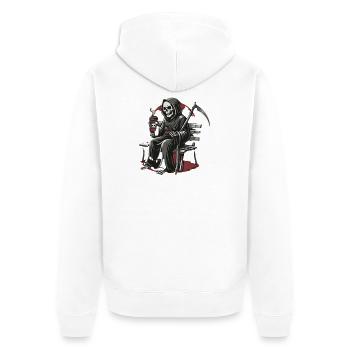 Grim Reaper Kaffee auf Bank - Unisex Premium Bio Zip Hoodie - Weiß - Hinten - Thijin (182cm)