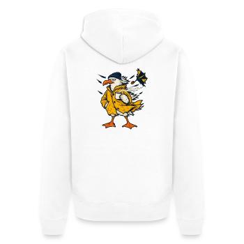 Möwe mit Kaffee im Sturm – Norddeutscher Humor - Unisex Premium Bio Zip Hoodie - Weiß - Hinten - Thijin (182cm)