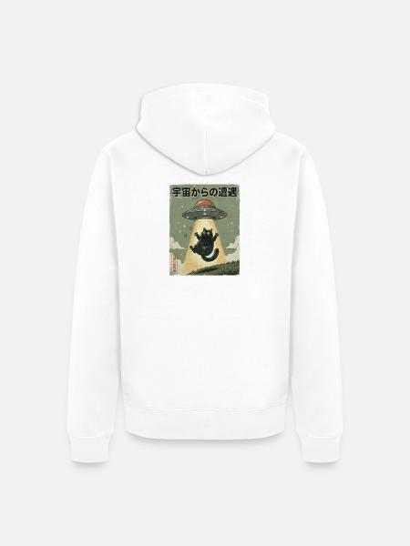 UFO Katze Begegnung im All - Unisex Premium Bio Zip Hoodie - Weiß