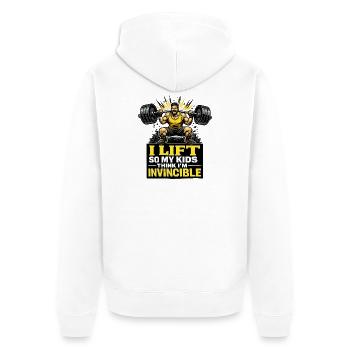 Unbesiegbarer Gym Dad Kraftmotiv für Väter - Unisex Premium Bio Zip Hoodie - Weiß - Hinten - Thijin (182cm)