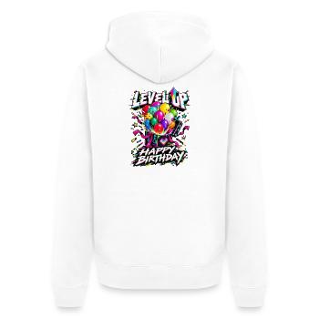 Level Up Geburtstagsballons Neon Glow - Unisex Premium Bio Zip Hoodie - Weiß - Hinten - Thijin (182cm)