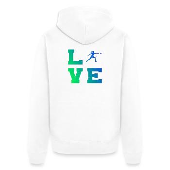 Ultimate Frisbee Geschenkidee für die Discgolferin - Unisex Premium Bio Zip Hoodie - Weiß - Hinten - Thijin (182cm)