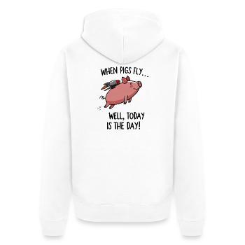 Schwein mit Rakete – Heute gehts los - Unisex Premium Bio Zip Hoodie - Weiß - Hinten - Thijin (182cm)