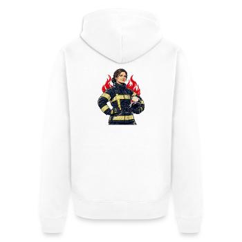 Feuerwehrfrau mit Helm und Flammen - Unisex Premium Bio Zip Hoodie - Weiß - Hinten - Thijin (182cm)