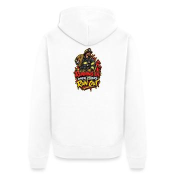 Löschheld Run In When Others Run Out - Unisex Premium Bio Zip Hoodie - Weiß - Hinten - Thijin (182cm)