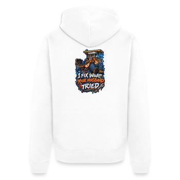 Ich reparier, was dein Mann versuchte - Unisex Premium Bio Zip Hoodie - Weiß - Hinten - Thijin (182cm)