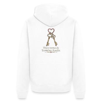 Nicht verwandt. Trotzdem Familie. | Freundschaft - Unisex Premium Bio Zip Hoodie - Weiß - Hinten - Thijin (182cm)