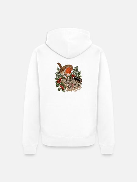 Rotkehlchen beim botanischen Linolschnitt - Unisex Premium Bio Zip Hoodie - Weiß