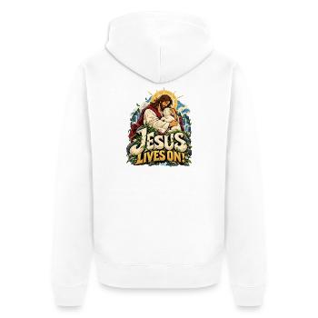 Jesus Lives On Lamm Natur - Unisex Premium Bio Zip Hoodie - Weiß - Hinten - Thijin (182cm)
