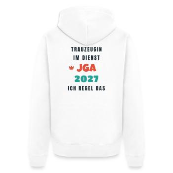 Trauzeugin im Dienst JGA 2027 ich regel das - Unisex Premium Bio Zip Hoodie - Weiß - Hinten - Thijin (182cm)