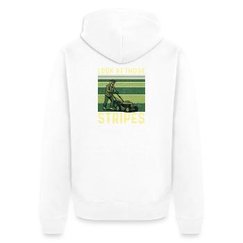 Schau dir diese Streifen an – Rasenmäh-Landschaftsgärtner - Unisex Premium Bio Zip Hoodie - Weiß - Hinten - Thijin (182cm)