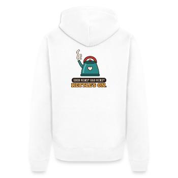 Gute Nachrichten? Schlechte Nachrichten? Der Wasserkocher steht an. - Unisex Premium Bio Zip Hoodie - Weiß - Hinten - Thijin (182cm)
