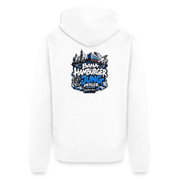 Bana Hamburger Jung derler – Hamburg Streetwear - Unisex Premium Bio Zip Hoodie - Weiß - Hinten - Thijin (182cm)