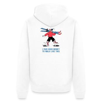 I Paid Good Money To Walk Like This – Ski Shirt - Unisex Premium Bio Zip Hoodie - Weiß - Hinten - Thijin (182cm)