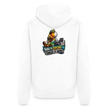 Geboren zum Erkunden, gezwungen zu arbeiten - Unisex Premium Bio Zip Hoodie - Weiß - Hinten - Thijin (182cm)