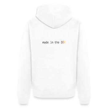 DDR Lustiger Spruch Made in the DDR - Unisex Premium Bio Zip Hoodie - Weiß - Hinten - Thijin (182cm)
