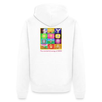 JahresEnergie-Bild 2025 - Sonja Ariel von Staden - Unisex Premium Bio Zip Hoodie - Weiß - Hinten - Thijin (182cm)