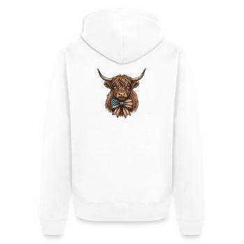 Amerikanisches Hochlandrind mit Flaggenbowtie - Unisex Premium Bio Zip Hoodie - Weiß - Hinten - Thijin (182cm)