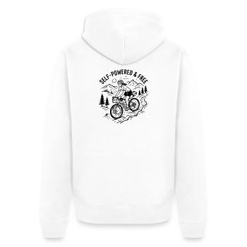 Bikepacking Woman Linocut Kunstdruck - Unisex Premium Bio Zip Hoodie - Weiß - Hinten - Thijin (182cm)