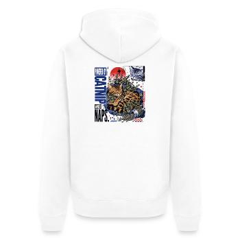Propulsé par l’herbe à chat et les siestes – Chat Bengale douillet - Veste à capuche bio Premium Unisexe - blanc - Dos - Thijin (182cm)