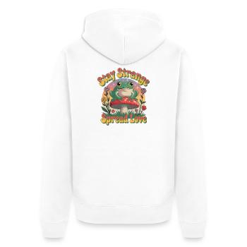 Stay Strange – Spread Love | Retro Frosch & Pilz  - Unisex Premium Bio Zip Hoodie - Weiß - Hinten - Thijin (182cm)