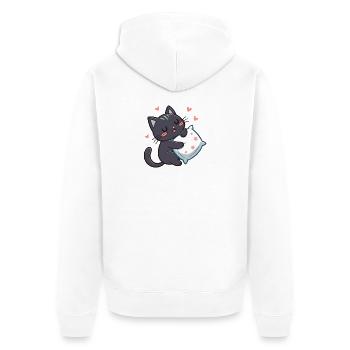 Chat noir câlin étoilé avec oreiller - Veste à capuche bio Premium Unisexe - blanc - Dos - Thijin (182cm)