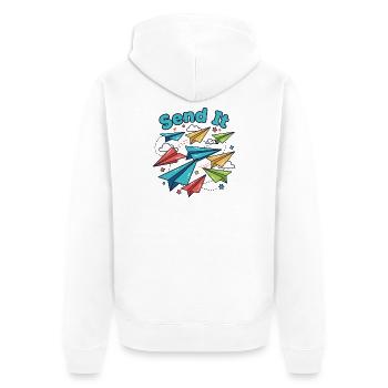 Send It Papierflugzeuge - Unisex Premium Bio Zip Hoodie - Weiß - Hinten - Thijin (182cm)