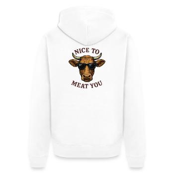 NICE TO MEAT YOU Stier mit Sonnenbrille - Unisex Premium Bio Zip Hoodie - Weiß - Hinten - Thijin (182cm)