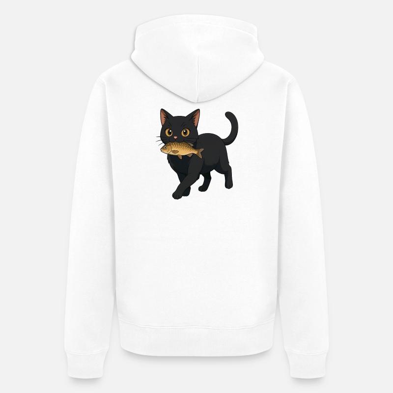 Chat avec poisson Illustration Design - Veste à capuche bio Premium Unisexe - blanc