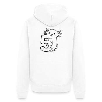 Axolotl hugging the number 5 cartoon illustration - Unisex Premium Organic Zip Hoodie - white - Back - Thijin (182cm)