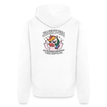 Provokatives Einhorn mit Mittelfinger Sarkasmus - Unisex Premium Bio Zip Hoodie - Weiß - Hinten - Thijin (182cm)
