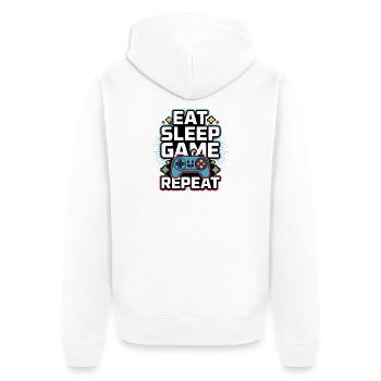 Essen, Schlaf Spiel Wiederholen - Unisex Premium Bio Zip Hoodie - Weiß - Hinten - Thijin (182cm)