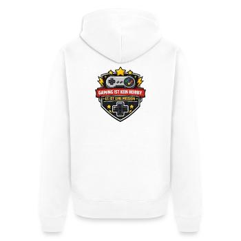 Gaming ist keine Hobby – Mission - Unisex Premium Bio Zip Hoodie - Weiß - Hinten - Thijin (182cm)