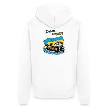Slava Ukraini,glücklicher Otter mit Ukraine Flagge - Unisex Premium Bio Zip Hoodie - Weiß - Hinten - Thijin (182cm)