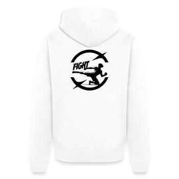 Cooles Kickboxer Emblem mit Fight Text - Unisex Premium Bio Zip Hoodie - Weiß - Hinten - Thijin (182cm)